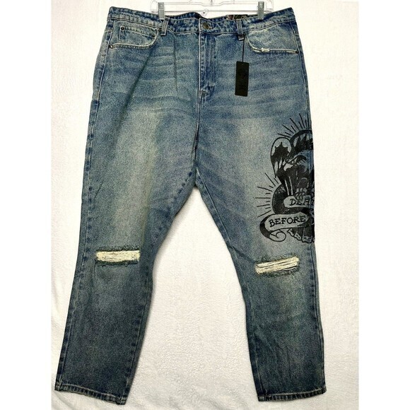 Ed Hardy Designer Slim Taper‎ Eagle Print Light Blue Denim Jeans Size 38 NWT - Picture 2 of 9